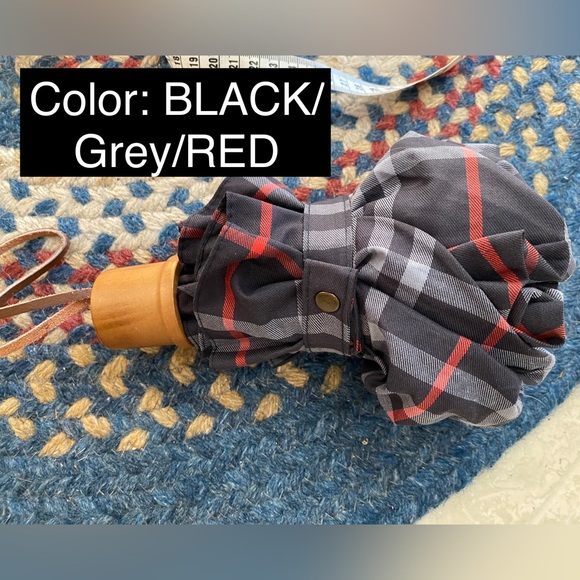 Mens BURBERRY Black/Grey/Red Check Full-size COMPACT Umbrella🔥Vintage/Like NEW! - Picture 3 of 17